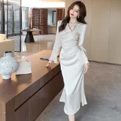 【小歡喜Little Joy】實拍 秋季黃金時代蕩領醋酸緞連衣裙女 新款長袖魚尾裙子 禮服 長裙
