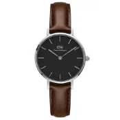 (店+)【Daniel Wellington】氣質聖莫斯棕色皮帶石英腕錶-銀框/28mm(DW00100237)~贈清美手環+項鍊