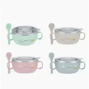 姵蒂屋 出清!新款3件套蓋子+湯勺+碗  不銹鋼兒童碗 童餐具 學習餐具 兒童練習碗 學習碗 兒童不銹鋼碗