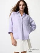 【UNIQLO】女裝 特級亞麻條紋開領襯衫(七分袖) 483872