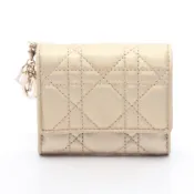 【DOKODEMO】【二手】迪奧 Lady Dior 三折錢包，藤格紋，金色，羊皮，女士，二手 A