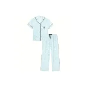 (店+)Victoria's Secret維密 宅度假系列 天絲綿柔LOGO印花經典版型輕薄涼感垂順不易皺短袖長褲居家睡衣套裝 女款 藍豹紋