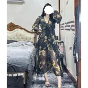 【胖悅穿搭】春夏薄款洋裝大码微胖mm法式复古高级碎花网纱透视连衣裙气质印花修身显瘦长裙渡假風洋裝 氣質顯瘦洋裝 夏季長裙