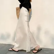【桃喜Rich女裝】緞面國風半身裙 夏季新款高腰a字裙 性感蕾絲拼接復古長裙 新中式百搭魚尾裙 杏色半身裙 黑色半身裙