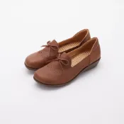 (店+)【DREAMS SHOP】寬楦_MIT真皮蝴蝶結雕花方頭平底娃娃鞋 棕色 大尺碼女鞋37-45