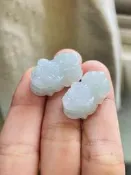 招財守財一對好~天然A貨緬甸玉 冰潤藍綠手工雕公母貔貅翡翠玉墜(一對) 膠潤粉藍 晶透粉粉好水頭