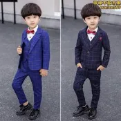 【口碑推薦】兒童西裝套裝 三件套套裝格子男童小西服秋冬款 花童禮服