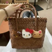 超取免運🚀手提包🛒 kitty貓藤編包夏日可愛HelloKitty編織包出遊小包 沙灘包 買菜包 購物包 菜籃子
