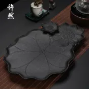 樂遊遊戶外用品館 陶瓷茶盤排水儲水干泡盤功夫茶具泡茶臺黑陶石磨荷花烏金石盤 茶具組 泡茶器具