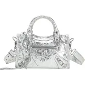 【Balenciaga 巴黎世家】Le City 金屬感揉製羊皮銀扣手提/斜背機車包-迷你 銀色