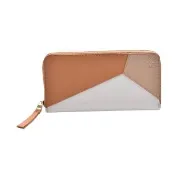 【LOEWE 羅威】經典PUZZLE系列牛皮三色幾何拼接拉鍊長夾(暖沙色拼接/白色)