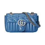 【GUCCI 古馳】446744 經典GG Marmont絎縫系列銀釦掀蓋肩背/斜背包(全新展示品-藍色)