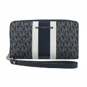 【Michael Kors】JET SET TRAVEL滿版LOGO直條紋PVC可拆式手提式長夾35F5STVE3K(藍銀)