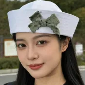 (店+)日系白色水手帽女蝴蝶結裝飾平頂帽夏季防曬百搭文藝少女帽子
