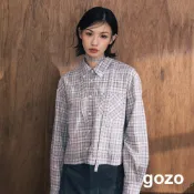 【gozo】A｜復古提織格紋短版襯衫附造型織帶(粉色/藍色_F) | 女裝 襯衫領 百搭