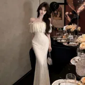 魚尾洋裝 緊身魚尾裙 包臀魚尾連身裙 擺尾洋裝 修身貼身 若雪尋香溫柔名媛風一字肩蕾絲花邊晚宴純欲魚尾裙女