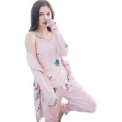 【PChome 24h購物】lingling A4294-01全尺碼-典雅寂靜鶴鳥細肩帶+綁帶雙口袋長袖袍+長褲(三件式睡衣組)(典雅豆沙粉) R99N