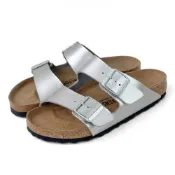 Birkenstock Arizona 雙帶扣環合成皮一般寬拖鞋 女 銀灰色 勃肯 亞利桑那 平底休閒露趾涼鞋 1012282
