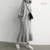 Lumi 韓系秋冬洋裝 連身裙 韓版氣質寬鬆連帽衛衣裙 過膝魚尾裙 春秋連衣裙 灰色連身裙