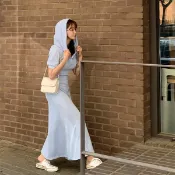 Anna S ANNAS 正韓 洋裝 連帽 排扣 螺紋 腰身 連身裙 短袖 長裙 長洋裝 A字裙 大裙襬 顯瘦 性感 韓國