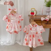 Love-bb【現貨】夏季嬰兒衣服女童短袖國風包屁衣女寶寶洋裝唐裝嬰兒三角爬服