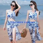 【全球 嚴選】渡假海邊溫泉遊泳衣女分體比基尼BIKINI三件套歐美高級感新款泳裝【滿300出貨】