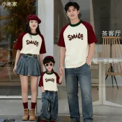 【小彬家】 Smile 笑臉愛心 2026夏季新款親子裝  韓版純棉短袖寬鬆大碼炸街全家旅遊裝t卹潮