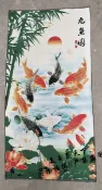 協貿國際日用品生活8館 字畫收藏 織錦布畫刺繡機繡絲綢畫 花鳥圖 九魚圖 客廳裝飾畫掛畫