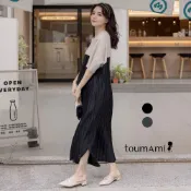 【棠棠媽咪】雙色圓弧彈力壓摺雪紡長洋  孕婦裝 細褶 甜美顯瘦 - 06710025