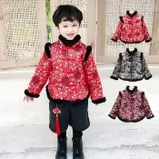 【橘魔法】黑色毛邊刺繡花紋鋪棉套裝(棉襖 大紅 拜年服 童裝 過年 喜宴 唐裝 男童 兒童)