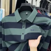 秋冬款POLO衫 長袖polo衫 工作服 速乾吸濕排汗 高檔中男士長袖T恤春秋新款爸爸條紋口袋寬鬆翻領POLO