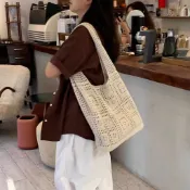 鏤空針織單肩包 休閒通勤編織 大容量 度假慵懶風 百搭手提包 海邊渡假編織包 藤編托特 大容量 韓式純色編織沙灘包