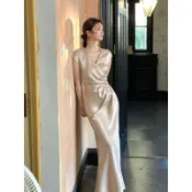 【晴天.Studio】🔥玉骨瓷 高級感連身裙 氣質緞面連衣裙 千金風禮裙 V領收腰魚尾裙 宴會禮服 顯瘦魚尾裙 連身裙