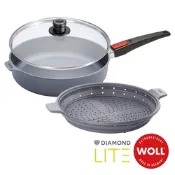 WOLL 德國歐爾 DIAMOND LITE 新鑽石 鑄造不沾平底鍋32cm+蒸網+安全玻璃蓋(電磁爐適用/可拆式手把)