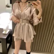 🔥現貨🇰🇷Korea韓國連線·正韓 質感緞面腰帶襯衫洋裝 連身裙 連身洋裝 短洋裝 光澤 絲緞 不規則下擺 氣質洋裝
