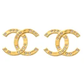 CHANEL 鑲嵌水鑽雙C LOGO貼耳針式耳環(金色)