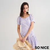 SO NICE【特惠】公主袖洋裝 長洋 鏤空洋裝 淺紫色 [五角領鏤空繡花公主袖蛋糕裙洋裝]【75444006】