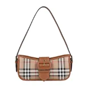 BURBERRY Sling燙金LOGO英倫風格紋設計PVC搭小牛皮釦式拉鍊肩背包(典藏米x石南棕)