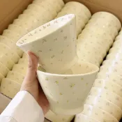 ins奶油風陶瓷碎花碗家用可愛高腳碗米飯碗餐具沙拉碗斗笠碗面碗