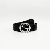 美國百分百【全新真品】Gucci 皮帶 Interlocking G搭扣 寬身 牛皮 歐洲精品 配件 壓紋印花 銀扣 黑色 CZ86