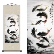 國畫富貴九魚圖玄關風水客廳掛畫書房裝飾畫絲綢卷軸如魚得水黑魚