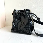 中古二手Chanel黑色漆皮皮革水桶親子小包單肩側揹斜背孭手袋