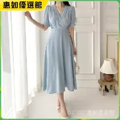 👚惠如🎉優選好貨✨ 韓國chic 法式V領收褶氣質泡泡袖收腰大裙擺連衣裙中長款女 6個色 大碼 顯瘦洋裝 收腰裙子