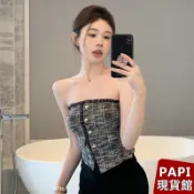 小香風蕾絲露肩上衣【1196】PAPI女裝批發價春夏新款韓系INS修身顯瘦氣質純欲性感辣妹夜店短版上衣 平口背心 小可愛