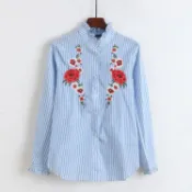 協貿國際日用品生活2館 木耳領寬條紋刺繡襯衫 女秋裝新款韓版襯衫繡花長袖上衣Q/5-3
