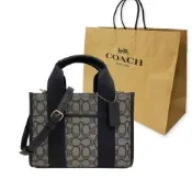 COACH 經典C LOGO緹花織布拚牛皮手提/斜背兩用琴譜方包附紙袋(藍)