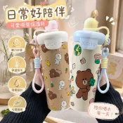 【限時優惠🏆】line friends水杯保溫杯 布朗熊不鏽鋼浮球吸管保溫杯 大容量便攜咖啡杯學生杯子 辦公水杯喝水杯
