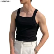 INCERUN 男士簡約方領無袖背心