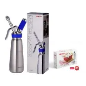 【mosa】髮絲紋 不銹鋼奶油槍、奶油發泡器 - 藍 0.5L 贈氣彈 10支(鮮奶油 / 奶泡)