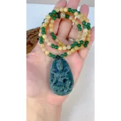 【齊花花】 天然綠海草玉天衣造型寶瓶觀音搭配黃玉珠鏈項鏈（A90）